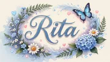 Rita horizontal diseño 4 - Composición magica con nombre en letra cursiva azul, rodeado de hortensias azules, margaritas blancas y delicadas flores silvestres, enmarcado por suaves remolinos de agua, mariposas azules y destellos estelares sobre un fondo etéreo y romántico.