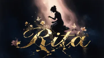 Rita horizontal diseño 6 - Composición de ilustración semirrealista cinematográfica con silueta femenina tejiendo un hilo dorado de luz sobre un suelo oscuro fracturado al estilo Kintsugi, donde el nombre resalta en un prominente guión caligráfico dorado que emerge de las grietas, rodeado de flores blancas, mariposas y un fondo degradado de azules profundos iluminado por una luz celestial en tonos melocotón y crema, con una frase de aliento en tipografía blanca en la parte inferior.