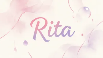 Rita horizontal diseño 7 - Diseño abstracto en acuarela sobre fondo crema, con manchas fluidas y etéreas en rosa pastel y lila, líneas curvas que aportan movimiento, pequeñas gotas salpicadas cayendo verticalmente y una burbuja translúcida en la parte superior izquierda. El nombre resalta al centro con una tipografía cursiva amplia y elegante en degradado rosa a morado.