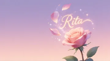 Rita horizontal diseño 8 - Fondo de Pantalla con degradado suave que transiciona de lila en la parte superior a melocotón y rosa pastel en la base, destacando una rosa rosada hiperrealista con tallo y hojas verdes. El nombre brilla en tipografía cursiva con efecto neón cálido, adornado con pétalos cayendo y chispas de luz mágica.