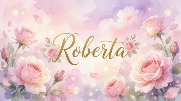 Roberta horizontal diseño 10 - Diseño estilo acuarela con un fondo etéreo y texturizado en nubes de tonos rosa pastel y lila suave. Presenta composiciones de rosas abiertas y capullos en los bordes inferior y superior, con pétalos cayendo delicadamente. Incorpora destellos de luz cálida (efecto bokeh) y, en el centro, resalta una tipografía elegante, cursiva y fluida en color dorado.