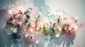 Roberta horizontal diseño 11 - Un delicado diseño de estilo acuarela digital que combina una tipografía de caligrafía personalizada para el nombre en tonos dorados y rosados suaves, adornada con pequeñas hojas y brotes. Un pajarito azul y naranja vibrante está posado en una de las letras. Todo está rodeado por un marco circular de ramas de cerezo en flor con delicadas flores rosadas y blancas. El fondo es un lavado de acuarela difuminado en tonos pastel suaves de azul cerceta, rosa rubor y melocotón sobre una textura de papel rugoso, con destellos luminosos y motas de luz bokeh flotando alrededor, creando una atmósfera mágica y soñadora. Las sombras suaves proyectadas añaden profundidad.