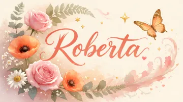 Roberta horizontal diseño 3 - Elegante composición de rosas rosadas y amapolas naranjas con mariposas doradas brillantes sobre un fondo cálido, romántico y mágico.
