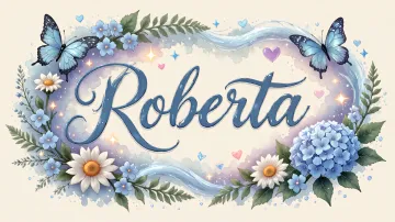 Roberta horizontal diseño 4 - Composición magica con nombre en letra cursiva azul, rodeado de hortensias azules, margaritas blancas y delicadas flores silvestres, enmarcado por suaves remolinos de agua, mariposas azules y destellos estelares sobre un fondo etéreo y romántico.