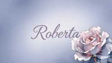 Roberta horizontal diseño 5 - Nombre en elegante tipografía cursiva caligráfica en tono lavanda, sobre fondo acuarela de cielo nublado en tonos pastel (azul, blanco, lavanda), decorado con rosa en acuarela de pétalos rosa pálido, blanco crema y lilas suaves con hojas en gris-verde.