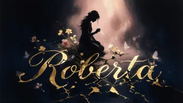 Roberta horizontal diseño 6 - Composición de ilustración semirrealista cinematográfica con silueta femenina tejiendo un hilo dorado de luz sobre un suelo oscuro fracturado al estilo Kintsugi, donde el nombre resalta en un prominente guión caligráfico dorado que emerge de las grietas, rodeado de flores blancas, mariposas y un fondo degradado de azules profundos iluminado por una luz celestial en tonos melocotón y crema, con una frase de aliento en tipografía blanca en la parte inferior.
