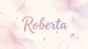 Roberta horizontal diseño 7 - Diseño abstracto en acuarela sobre fondo crema, con manchas fluidas y etéreas en rosa pastel y lila, líneas curvas que aportan movimiento, pequeñas gotas salpicadas cayendo verticalmente y una burbuja translúcida en la parte superior izquierda. El nombre resalta al centro con una tipografía cursiva amplia y elegante en degradado rosa a morado.