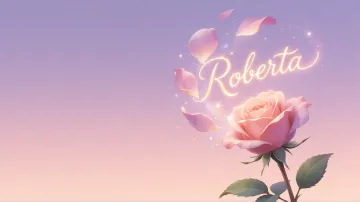 Roberta horizontal diseño 8 - Fondo de Pantalla con degradado suave que transiciona de lila en la parte superior a melocotón y rosa pastel en la base, destacando una rosa rosada hiperrealista con tallo y hojas verdes. El nombre brilla en tipografía cursiva con efecto neón cálido, adornado con pétalos cayendo y chispas de luz mágica.