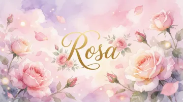 Rosa horizontal diseño 10 - Diseño estilo acuarela con un fondo etéreo y texturizado en nubes de tonos rosa pastel y lila suave. Presenta composiciones de rosas abiertas y capullos en los bordes inferior y superior, con pétalos cayendo delicadamente. Incorpora destellos de luz cálida (efecto bokeh) y, en el centro, resalta una tipografía elegante, cursiva y fluida en color dorado.