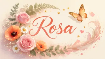 Rosa horizontal diseño 3 - Elegante composición de rosas rosadas y amapolas naranjas con mariposas doradas brillantes sobre un fondo cálido, romántico y mágico.