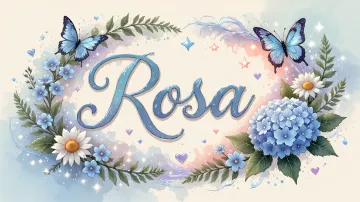 Rosa horizontal diseño 4 - Composición magica con nombre en letra cursiva azul, rodeado de hortensias azules, margaritas blancas y delicadas flores silvestres, enmarcado por suaves remolinos de agua, mariposas azules y destellos estelares sobre un fondo etéreo y romántico.