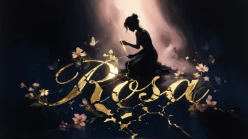 Rosa horizontal diseño 6 - Composición de ilustración semirrealista cinematográfica con silueta femenina tejiendo un hilo dorado de luz sobre un suelo oscuro fracturado al estilo Kintsugi, donde el nombre resalta en un prominente guión caligráfico dorado que emerge de las grietas, rodeado de flores blancas, mariposas y un fondo degradado de azules profundos iluminado por una luz celestial en tonos melocotón y crema, con una frase de aliento en tipografía blanca en la parte inferior.
