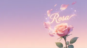Rosa horizontal diseño 8 - Fondo de Pantalla con degradado suave que transiciona de lila en la parte superior a melocotón y rosa pastel en la base, destacando una rosa rosada hiperrealista con tallo y hojas verdes. El nombre brilla en tipografía cursiva con efecto neón cálido, adornado con pétalos cayendo y chispas de luz mágica.