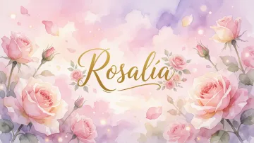 Rosalia horizontal diseño 10 - Diseño estilo acuarela con un fondo etéreo y texturizado en nubes de tonos rosa pastel y lila suave. Presenta composiciones de rosas abiertas y capullos en los bordes inferior y superior, con pétalos cayendo delicadamente. Incorpora destellos de luz cálida (efecto bokeh) y, en el centro, resalta una tipografía elegante, cursiva y fluida en color dorado.