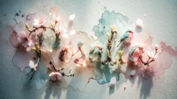 Rosalia horizontal diseño 11 - Un delicado diseño de estilo acuarela digital que combina una tipografía de caligrafía personalizada para el nombre en tonos dorados y rosados suaves, adornada con pequeñas hojas y brotes. Un pajarito azul y naranja vibrante está posado en una de las letras. Todo está rodeado por un marco circular de ramas de cerezo en flor con delicadas flores rosadas y blancas. El fondo es un lavado de acuarela difuminado en tonos pastel suaves de azul cerceta, rosa rubor y melocotón sobre una textura de papel rugoso, con destellos luminosos y motas de luz bokeh flotando alrededor, creando una atmósfera mágica y soñadora. Las sombras suaves proyectadas añaden profundidad.
