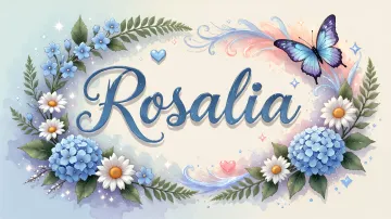Rosalia horizontal diseño 4 - Composición magica con nombre en letra cursiva azul, rodeado de hortensias azules, margaritas blancas y delicadas flores silvestres, enmarcado por suaves remolinos de agua, mariposas azules y destellos estelares sobre un fondo etéreo y romántico.