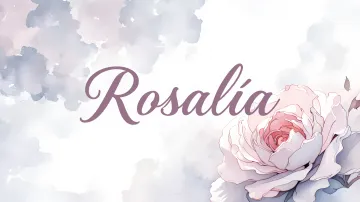 Rosalia horizontal diseño 5 - Nombre en elegante tipografía cursiva caligráfica en tono lavanda, sobre fondo acuarela de cielo nublado en tonos pastel (azul, blanco, lavanda), decorado con rosa en acuarela de pétalos rosa pálido, blanco crema y lilas suaves con hojas en gris-verde.