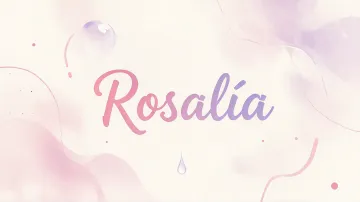 Rosalia horizontal diseño 7 - Diseño abstracto en acuarela sobre fondo crema, con manchas fluidas y etéreas en rosa pastel y lila, líneas curvas que aportan movimiento, pequeñas gotas salpicadas cayendo verticalmente y una burbuja translúcida en la parte superior izquierda. El nombre resalta al centro con una tipografía cursiva amplia y elegante en degradado rosa a morado.