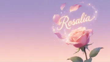 Rosalia horizontal diseño 8 - Fondo de Pantalla con degradado suave que transiciona de lila en la parte superior a melocotón y rosa pastel en la base, destacando una rosa rosada hiperrealista con tallo y hojas verdes. El nombre brilla en tipografía cursiva con efecto neón cálido, adornado con pétalos cayendo y chispas de luz mágica.