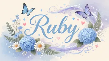 Ruby horizontal diseño 1 - Hortensias azules, flores pequeñas y acuarela suave con mariposas azules y brillo etéreo