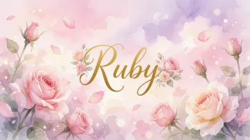 Ruby horizontal diseño 10 - Diseño estilo acuarela con un fondo etéreo y texturizado en nubes de tonos rosa pastel y lila suave. Presenta composiciones de rosas abiertas y capullos en los bordes inferior y superior, con pétalos cayendo delicadamente. Incorpora destellos de luz cálida (efecto bokeh) y, en el centro, resalta una tipografía elegante, cursiva y fluida en color dorado.