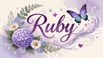 Ruby horizontal diseño 2 - Diseño elegante de hortensias en tonos lila y morados suaves, con volutas estilizadas y una mariposa mística que aporta un toque etéreo y mágico.