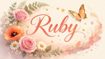 Ruby horizontal diseño 3 - Elegante composición de rosas rosadas y amapolas naranjas con mariposas doradas brillantes sobre un fondo cálido, romántico y mágico.