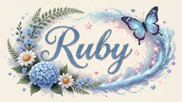 Ruby horizontal diseño 4 - Composición magica con nombre en letra cursiva azul, rodeado de hortensias azules, margaritas blancas y delicadas flores silvestres, enmarcado por suaves remolinos de agua, mariposas azules y destellos estelares sobre un fondo etéreo y romántico.