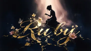 Ruby horizontal diseño 6 - Composición de ilustración semirrealista cinematográfica con silueta femenina tejiendo un hilo dorado de luz sobre un suelo oscuro fracturado al estilo Kintsugi, donde el nombre resalta en un prominente guión caligráfico dorado que emerge de las grietas, rodeado de flores blancas, mariposas y un fondo degradado de azules profundos iluminado por una luz celestial en tonos melocotón y crema, con una frase de aliento en tipografía blanca en la parte inferior.