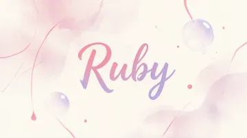 Ruby horizontal diseño 7 - Diseño abstracto en acuarela sobre fondo crema, con manchas fluidas y etéreas en rosa pastel y lila, líneas curvas que aportan movimiento, pequeñas gotas salpicadas cayendo verticalmente y una burbuja translúcida en la parte superior izquierda. El nombre resalta al centro con una tipografía cursiva amplia y elegante en degradado rosa a morado.
