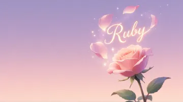 Ruby horizontal diseño 8 - Fondo de Pantalla con degradado suave que transiciona de lila en la parte superior a melocotón y rosa pastel en la base, destacando una rosa rosada hiperrealista con tallo y hojas verdes. El nombre brilla en tipografía cursiva con efecto neón cálido, adornado con pétalos cayendo y chispas de luz mágica.