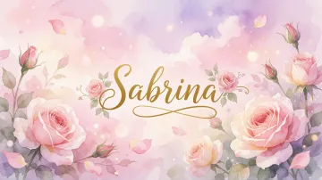 Sabrina horizontal diseño 10 - Diseño estilo acuarela con un fondo etéreo y texturizado en nubes de tonos rosa pastel y lila suave. Presenta composiciones de rosas abiertas y capullos en los bordes inferior y superior, con pétalos cayendo delicadamente. Incorpora destellos de luz cálida (efecto bokeh) y, en el centro, resalta una tipografía elegante, cursiva y fluida en color dorado.
