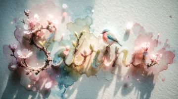 Sabrina horizontal diseño 11 - Un delicado diseño de estilo acuarela digital que combina una tipografía de caligrafía personalizada para el nombre en tonos dorados y rosados suaves, adornada con pequeñas hojas y brotes. Un pajarito azul y naranja vibrante está posado en una de las letras. Todo está rodeado por un marco circular de ramas de cerezo en flor con delicadas flores rosadas y blancas. El fondo es un lavado de acuarela difuminado en tonos pastel suaves de azul cerceta, rosa rubor y melocotón sobre una textura de papel rugoso, con destellos luminosos y motas de luz bokeh flotando alrededor, creando una atmósfera mágica y soñadora. Las sombras suaves proyectadas añaden profundidad.