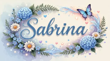 Sabrina horizontal diseño 4 - Composición magica con nombre en letra cursiva azul, rodeado de hortensias azules, margaritas blancas y delicadas flores silvestres, enmarcado por suaves remolinos de agua, mariposas azules y destellos estelares sobre un fondo etéreo y romántico.