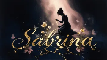 Sabrina horizontal diseño 6 - Composición de ilustración semirrealista cinematográfica con silueta femenina tejiendo un hilo dorado de luz sobre un suelo oscuro fracturado al estilo Kintsugi, donde el nombre resalta en un prominente guión caligráfico dorado que emerge de las grietas, rodeado de flores blancas, mariposas y un fondo degradado de azules profundos iluminado por una luz celestial en tonos melocotón y crema, con una frase de aliento en tipografía blanca en la parte inferior.