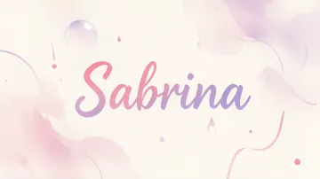 Sabrina horizontal diseño 7 - Diseño abstracto en acuarela sobre fondo crema, con manchas fluidas y etéreas en rosa pastel y lila, líneas curvas que aportan movimiento, pequeñas gotas salpicadas cayendo verticalmente y una burbuja translúcida en la parte superior izquierda. El nombre resalta al centro con una tipografía cursiva amplia y elegante en degradado rosa a morado.