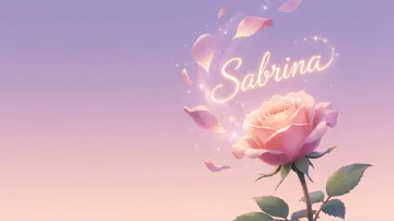 Sabrina horizontal diseño 8 - Fondo de Pantalla con degradado suave que transiciona de lila en la parte superior a melocotón y rosa pastel en la base, destacando una rosa rosada hiperrealista con tallo y hojas verdes. El nombre brilla en tipografía cursiva con efecto neón cálido, adornado con pétalos cayendo y chispas de luz mágica.