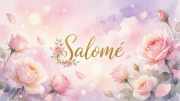 Salome horizontal diseño 10 - Diseño estilo acuarela con un fondo etéreo y texturizado en nubes de tonos rosa pastel y lila suave. Presenta composiciones de rosas abiertas y capullos en los bordes inferior y superior, con pétalos cayendo delicadamente. Incorpora destellos de luz cálida (efecto bokeh) y, en el centro, resalta una tipografía elegante, cursiva y fluida en color dorado.