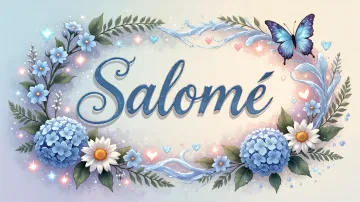 Salome horizontal diseño 4 - Composición magica con nombre en letra cursiva azul, rodeado de hortensias azules, margaritas blancas y delicadas flores silvestres, enmarcado por suaves remolinos de agua, mariposas azules y destellos estelares sobre un fondo etéreo y romántico.