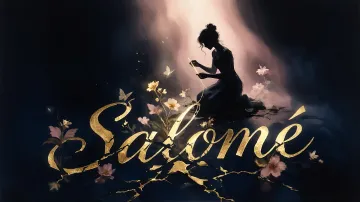 Salome horizontal diseño 6 - Composición de ilustración semirrealista cinematográfica con silueta femenina tejiendo un hilo dorado de luz sobre un suelo oscuro fracturado al estilo Kintsugi, donde el nombre resalta en un prominente guión caligráfico dorado que emerge de las grietas, rodeado de flores blancas, mariposas y un fondo degradado de azules profundos iluminado por una luz celestial en tonos melocotón y crema, con una frase de aliento en tipografía blanca en la parte inferior.