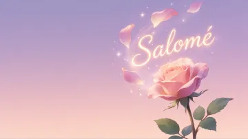 Salome horizontal diseño 8 - Fondo de Pantalla con degradado suave que transiciona de lila en la parte superior a melocotón y rosa pastel en la base, destacando una rosa rosada hiperrealista con tallo y hojas verdes. El nombre brilla en tipografía cursiva con efecto neón cálido, adornado con pétalos cayendo y chispas de luz mágica.
