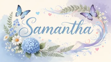 Samantha horizontal diseño 1 - Hortensias azules, flores pequeñas y acuarela suave con mariposas azules y brillo etéreo