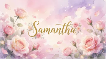 Samantha horizontal diseño 10 - Diseño estilo acuarela con un fondo etéreo y texturizado en nubes de tonos rosa pastel y lila suave. Presenta composiciones de rosas abiertas y capullos en los bordes inferior y superior, con pétalos cayendo delicadamente. Incorpora destellos de luz cálida (efecto bokeh) y, en el centro, resalta una tipografía elegante, cursiva y fluida en color dorado.