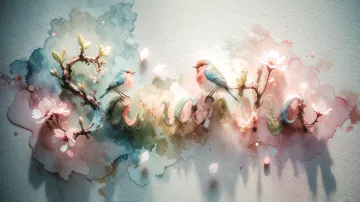 Samantha horizontal diseño 11 - Un delicado diseño de estilo acuarela digital que combina una tipografía de caligrafía personalizada para el nombre en tonos dorados y rosados suaves, adornada con pequeñas hojas y brotes. Un pajarito azul y naranja vibrante está posado en una de las letras. Todo está rodeado por un marco circular de ramas de cerezo en flor con delicadas flores rosadas y blancas. El fondo es un lavado de acuarela difuminado en tonos pastel suaves de azul cerceta, rosa rubor y melocotón sobre una textura de papel rugoso, con destellos luminosos y motas de luz bokeh flotando alrededor, creando una atmósfera mágica y soñadora. Las sombras suaves proyectadas añaden profundidad.