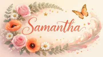 Samantha horizontal diseño 3 - Elegante composición de rosas rosadas y amapolas naranjas con mariposas doradas brillantes sobre un fondo cálido, romántico y mágico.