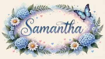 Samantha horizontal diseño 4 - Composición magica con nombre en letra cursiva azul, rodeado de hortensias azules, margaritas blancas y delicadas flores silvestres, enmarcado por suaves remolinos de agua, mariposas azules y destellos estelares sobre un fondo etéreo y romántico.
