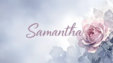 Samantha horizontal diseño 5 - Nombre en elegante tipografía cursiva caligráfica en tono lavanda, sobre fondo acuarela de cielo nublado en tonos pastel (azul, blanco, lavanda), decorado con rosa en acuarela de pétalos rosa pálido, blanco crema y lilas suaves con hojas en gris-verde.
