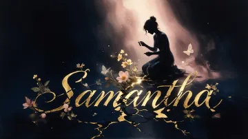 Samantha horizontal diseño 6 - Composición de ilustración semirrealista cinematográfica con silueta femenina tejiendo un hilo dorado de luz sobre un suelo oscuro fracturado al estilo Kintsugi, donde el nombre resalta en un prominente guión caligráfico dorado que emerge de las grietas, rodeado de flores blancas, mariposas y un fondo degradado de azules profundos iluminado por una luz celestial en tonos melocotón y crema, con una frase de aliento en tipografía blanca en la parte inferior.