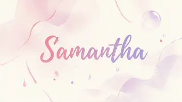 Samantha horizontal diseño 7 - Diseño abstracto en acuarela sobre fondo crema, con manchas fluidas y etéreas en rosa pastel y lila, líneas curvas que aportan movimiento, pequeñas gotas salpicadas cayendo verticalmente y una burbuja translúcida en la parte superior izquierda. El nombre resalta al centro con una tipografía cursiva amplia y elegante en degradado rosa a morado.