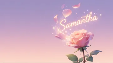 Samantha horizontal diseño 8 - Fondo de Pantalla con degradado suave que transiciona de lila en la parte superior a melocotón y rosa pastel en la base, destacando una rosa rosada hiperrealista con tallo y hojas verdes. El nombre brilla en tipografía cursiva con efecto neón cálido, adornado con pétalos cayendo y chispas de luz mágica.